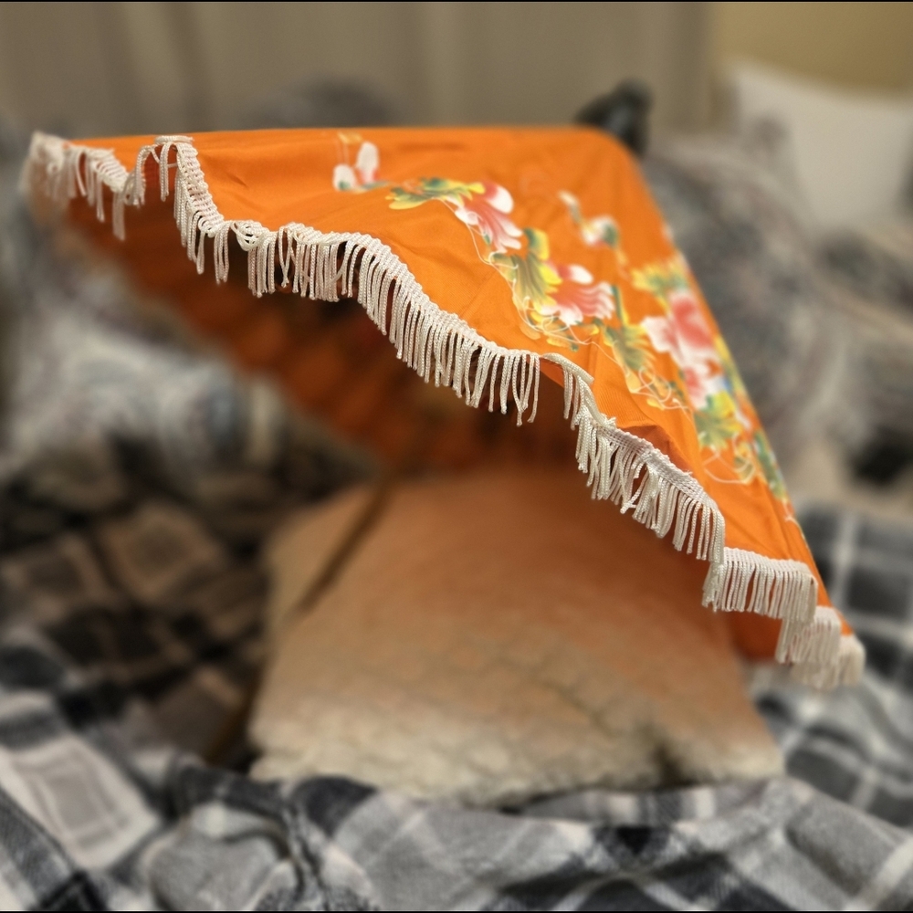 Orange Floral Umbrella with Fringe